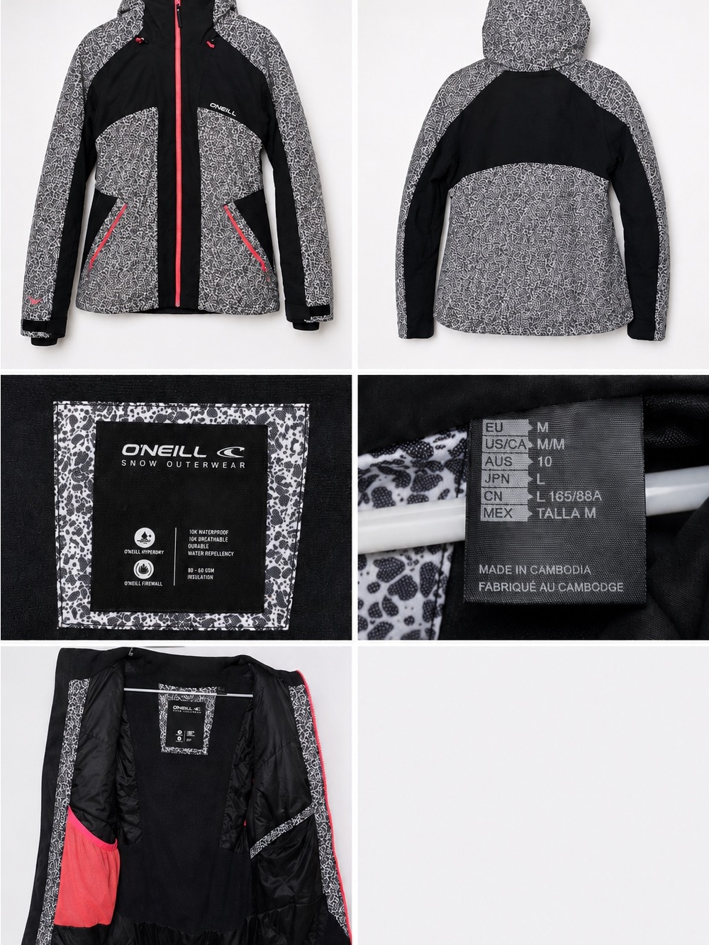 O'Neill Black & White Patterned Hooded Snow Jacket with Pink Trim